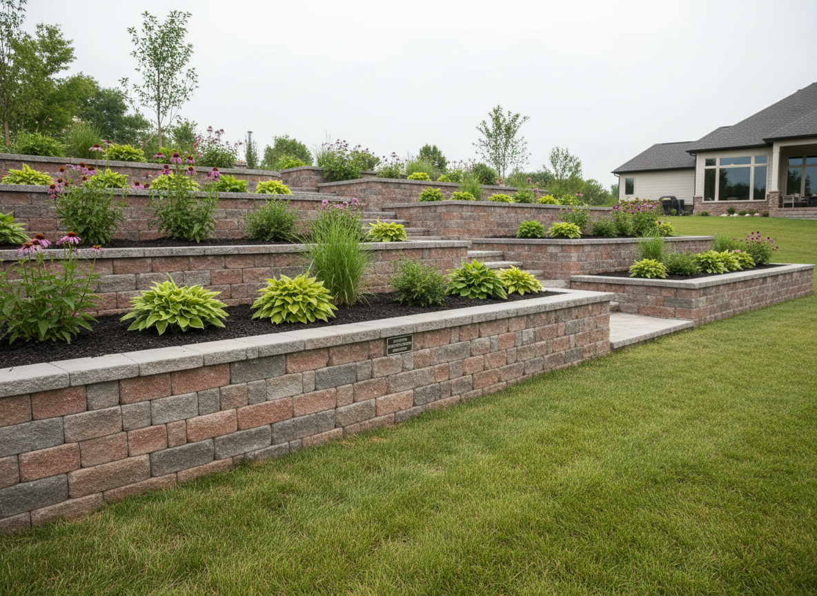 A neat row of newly constructed concrete and brick garden retaining walls stepping down a gently sloping backyard, each tier built from smooth grey concrete blocks faced with decorative red-brown brick veneers. The clean, straight lines of the walls contrast with the soft curves of mulched garden beds and vibrant native plants above. Overcast sky provides soft, even natural lighting that reduces glare and emphasizes the precision of the level courses and angles. Photographic realism from a slightly elevated angle looking along the walls enhances the sense of depth and gradient. The composition balances hardscape and soft planting elements, creating a practical yet attractive atmosphere that highlights the company’s skill in structural and landscape brickwork.