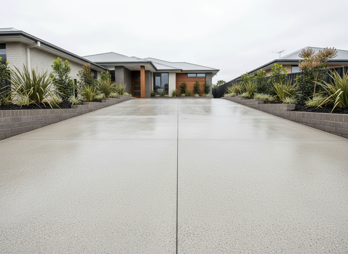 A freshly poured, perfectly level concrete driveway leading to a contemporary Australian home, the concrete surface still slightly damp with a smooth steel-trowel finish and crisply defined expansion cuts. Fine aggregate speckles subtly show through the pale grey surface. The driveway is bordered by low rendered brick planter boxes filled with neatly arranged native plants. Soft, diffused overcast daylight creates even lighting with minimal harsh shadows, highlighting the flatness and precision of the work. Photographic realism from a low, wide-angle perspective near the ground enhances the sense of length and quality workmanship. The mood is professional and dependable, with a clean, modern aesthetic suited for a concreting and brickworks services website.