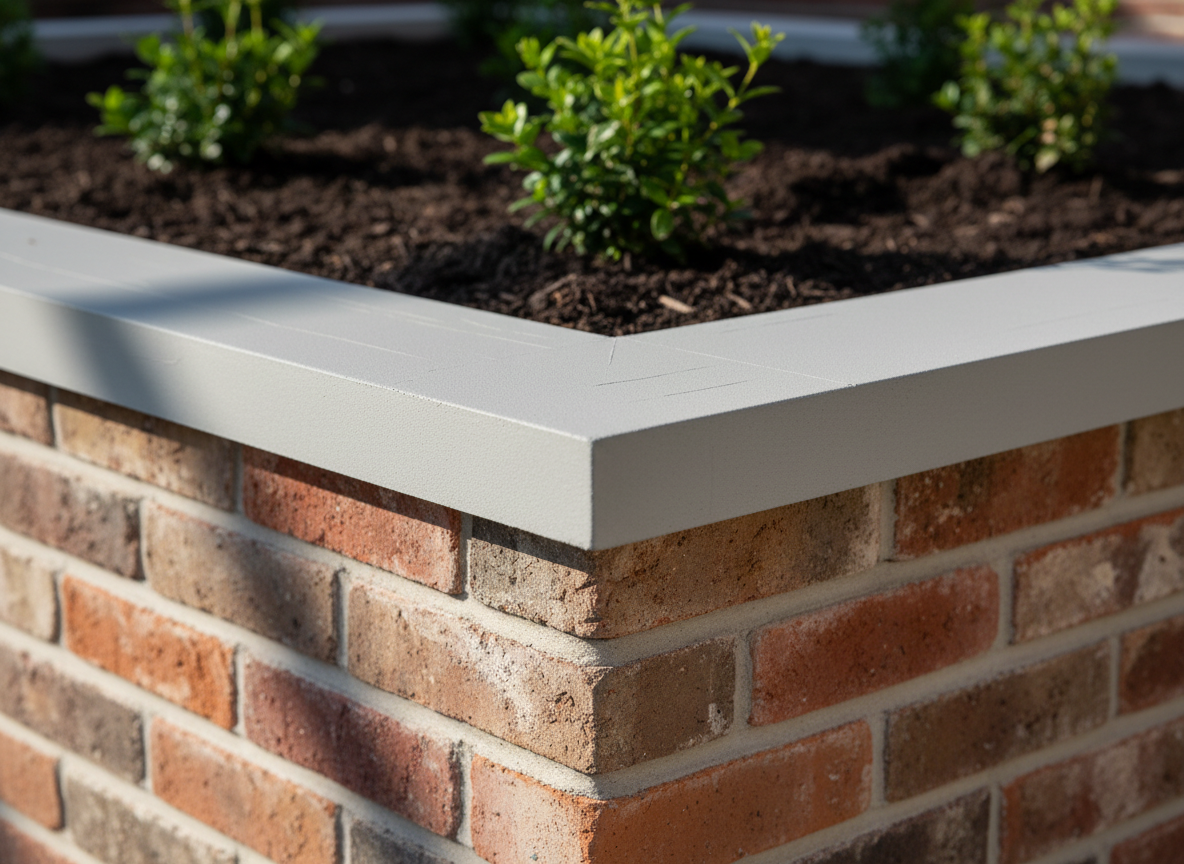 A detailed close-up of a rendered brick planter box corner, showing smooth, light-grey plaster perfectly meeting a rougher exposed brick texture beneath at a crisp, straight edge. Hairline trowel marks add subtle realism to the plastered surface, while the bricks below reveal rich red and brown tones with slightly irregular faces. The planter box contains dark, freshly mulched soil and hardy green shrubs, softly out of focus in the background. Natural mid-morning light from the side creates gentle highlights and soft shadows that accentuate the textures and precision of the finish. Shot in photographic realism with a shallow depth of field and centered composition, the scene feels calm, meticulous, and highly professional, ideal for illustrating plastering and rendering quality.