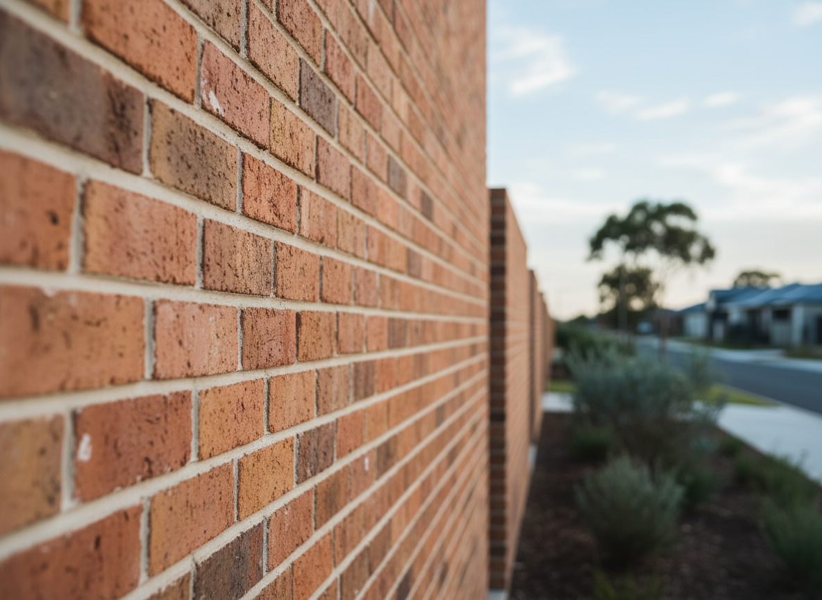 A meticulously constructed brick feature wall showcasing warm red and earthy-toned clay bricks with clean, crisp mortar joints, representing premium bricklaying craftsmanship. The wall stands in front of a blurred modern Australian suburban streetscape in Mandurah, with hints of native greenery and coastal sky tones. Soft late-afternoon natural light washes across the brick faces, revealing subtle textures, chips and variations in colour, while casting gentle, realistic shadows in the mortar lines. Photographic realism at eye level with a slight angle along the wall emphasizes depth and straightness. The composition follows the rule of thirds, with sharp focus on the bricks in the foreground and a smooth bokeh background, creating a professional, trustworthy, and solid atmosphere appropriate for a quality bricklaying business homepage.