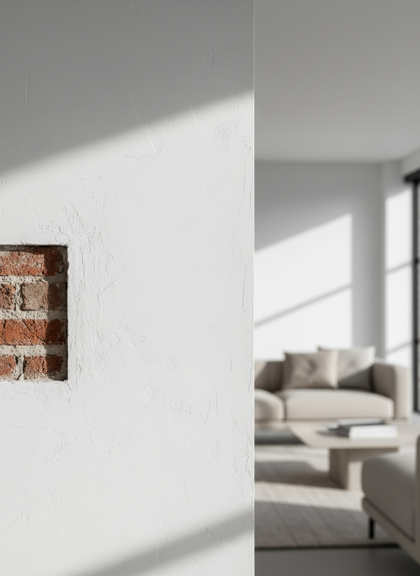 An interior feature wall in a modern living room finished with crisp white plaster over structural brickwork, the surface perfectly flat with subtle, realistic trowel textures catching the light. A small section at the edge reveals exposed clay bricks, showing the solid construction beneath the smooth finish. The room features minimalist furnishings softly blurred in the background, with neutral tones and clean lines. Large windows out of frame cast bright but diffused midday sunlight across the plaster, creating soft gradients and delicate shadows that emphasize surface quality. Photographic realism with a slightly off-center composition and shallow depth of field gives a refined, professional mood, ideal for illustrating high-quality interior plastering services.