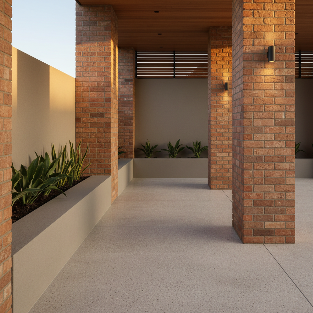A sleek, modern outdoor entertaining area featuring a combination of exposed brickwork, polished concrete flooring, and smooth rendered feature walls. The brick pillars display carefully aligned, mid-tone clay bricks with subtle colour variation, while the concrete floor shows a light salt-and-pepper finish with a matte sheen. A low rendered bench seat and planter box run along one side, filled with structured contemporary plants. Warm early-evening natural light flows in from one side, complemented by soft, warm recessed downlights, creating gentle highlights and cozy shadows that emphasize the quality of the finishes. Captured in photographic realism from an eye-level, wide-angle perspective, the composition uses clean lines and balanced framing to convey a sophisticated, high-end yet practical outdoor living space completed by a professional bricklaying and concreting company.
