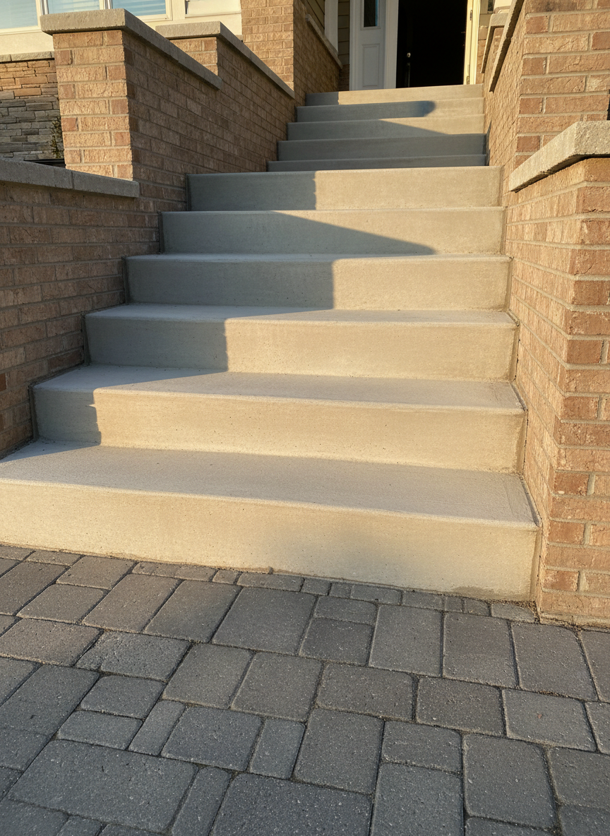 A close, low-angle view of a clean concrete staircase leading from a driveway up to a front entrance, each tread and riser precisely formed with crisp, sharp edges and a light broom finish for subtle texture. The sides of the stairs are flanked by low brick walls made from uniform, mid-tone clay bricks that match the home’s façade, their mortar joints perfectly aligned. Late-afternoon golden light from the side highlights the texture of the concrete and bricks, casting slender, realistic shadows that emphasize the geometry of each step. Photographic realism with strong leading lines draws the eye upward, creating a feeling of progress, reliability and expert craftsmanship in residential access works.