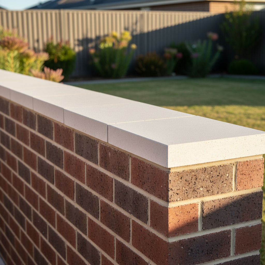 A strong, close-up hero shot of a finished double-brick boundary wall, the top capped with smooth, light-coloured concrete coping that contrasts beautifully with the deeper red and charcoal-toned bricks below. Each brick’s texture is clearly visible, with subtle chips, fired variations, and fine-grain mortar neatly struck to a consistent profile. The background shows a softly blurred glimpse of a neat suburban backyard in Rockingham with lawn and native plants. Late-afternoon side lighting casts slender shadows under each brick edge, giving a sense of depth and solidity. Photographic realism, captured straight-on at eye level with a medium depth of field, creates a confident, secure and enduring atmosphere, ideal for showcasing professional brick fence and retaining wall services.
